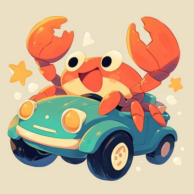 Un crabe ermite en croisière dans un style de dessin animé de voiture de jouet