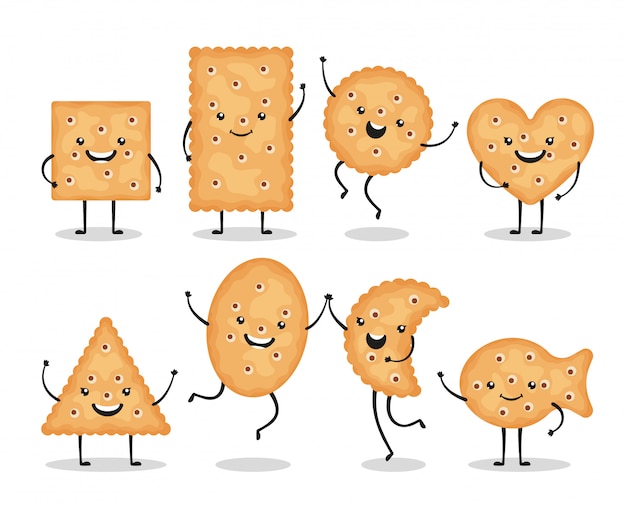 Cracker Souriant Mignon éclate Différentes Formes Isolés Sur Fond Blanc. Heureux Personnages De Biscuits Biscuits, Doodle Snack - Illustration