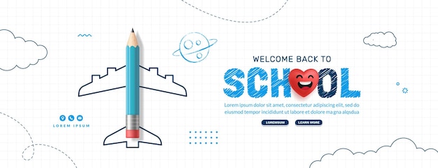 Craie colorée ramenée au lettrage de l'école avec bannière d'avion au crayon Cours en ligne et page Web