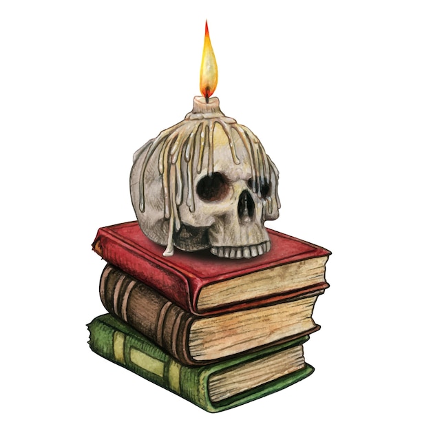 Crâne à l'aquarelle avec bougie fondue sur une pile de livres