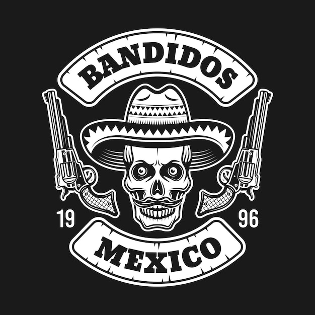 Crâne de bandit mexicain en chapeau sombrero avec emblème de deux pistolets