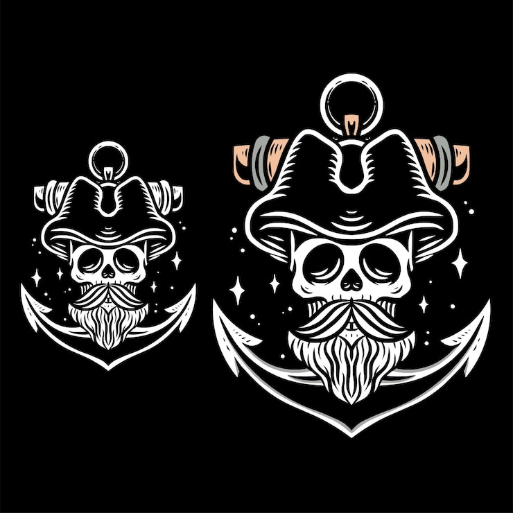 Vecteur crâne de capitaine avec ancre pirate illustration dessinée à la main