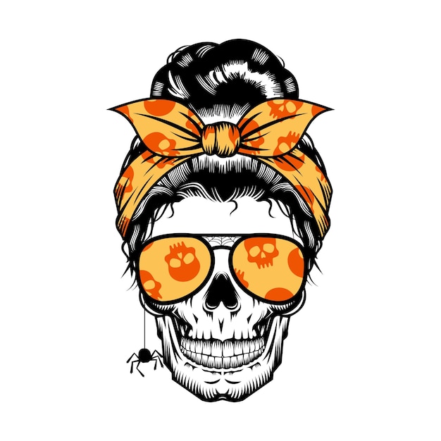 Crâne De Chignon Désordonné D'halloween Avec Bandana Orange