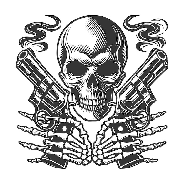 Le crâne cible avec deux revolvers.