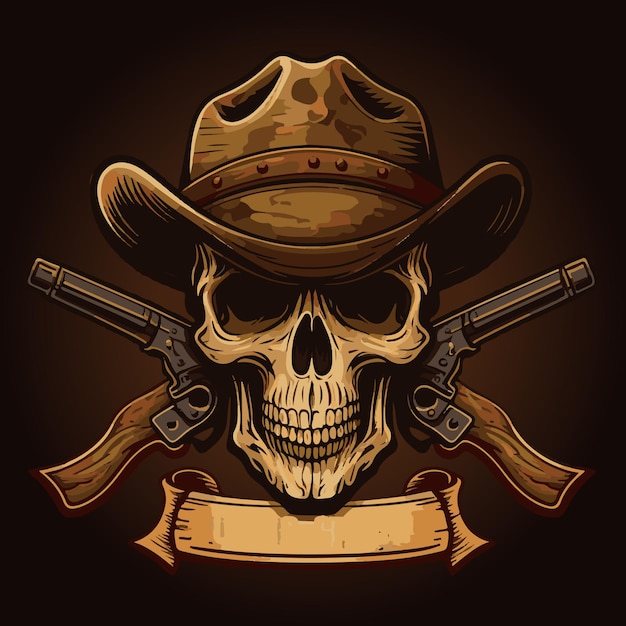 Crâne de cow-boy avec chapeau et pistolets en arrière-plan, illustration d'affichage du titre du crâne