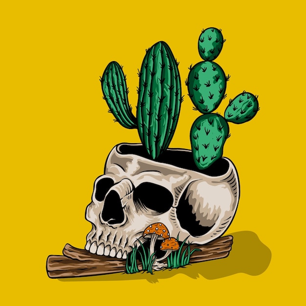 Crâne Dessiné à La Main Avec Cactus