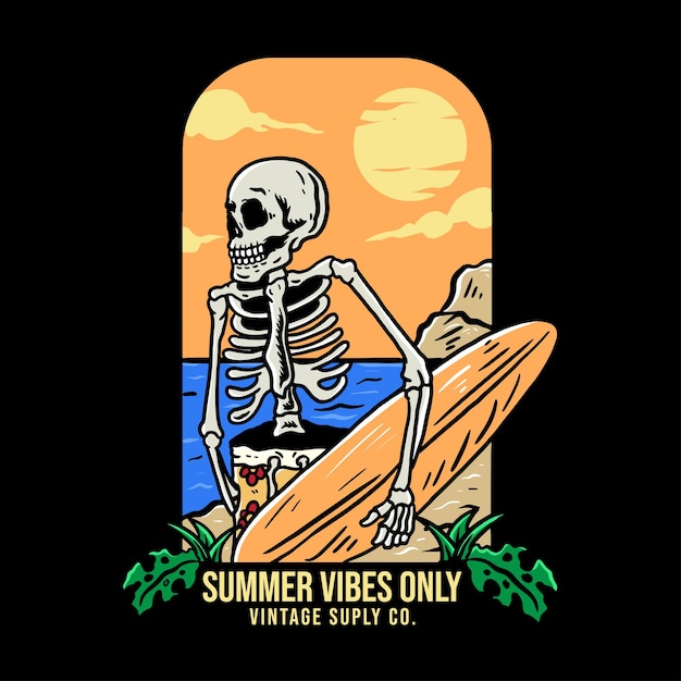 Crâne D'été Avec Illustration De Planche De Surf
