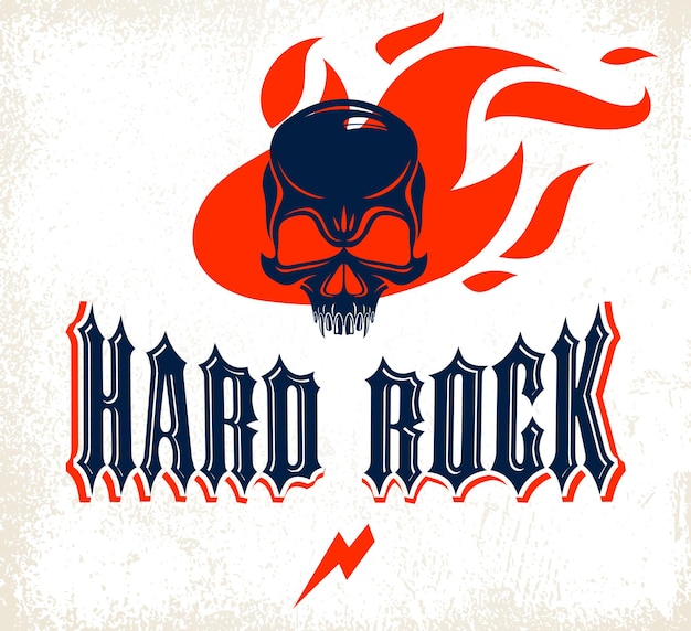Vecteur crâne en feu logo ou emblème vectoriel rock and roll, tête de mort agressive en feu label hard rock, concert ou club de festival de musique punk, magasin d'instruments de musique ou studio d'enregistrement.