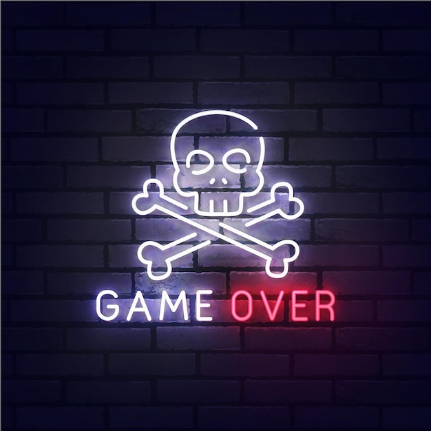 Crâne Game Over Enseigne Lumineuse Enseigne Lumineuse Bannière Game Over Logo Emblème Néon