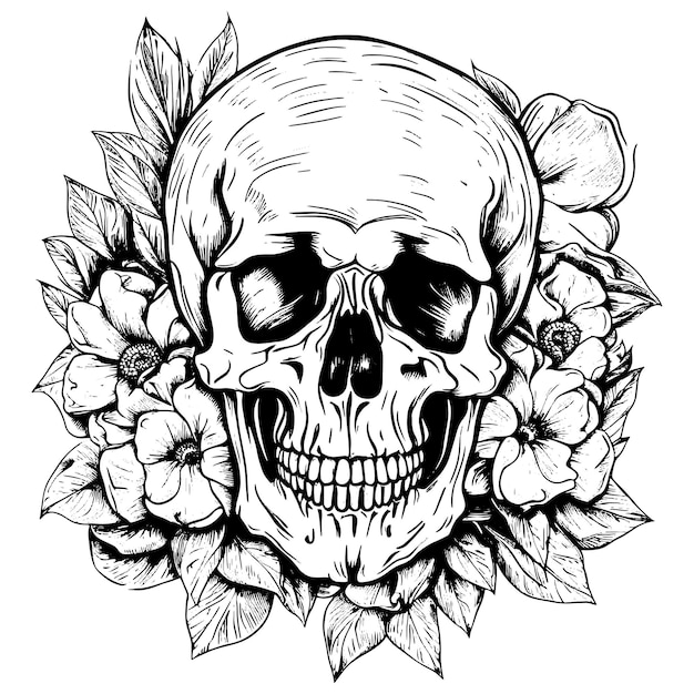 Vecteur crâne humain en fleurs croquis dessiné à la main dans une illustration vectorielle de style gravé pour les bannières