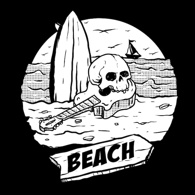 crâne humain avec guitare et planche de surf dans le paysage de plage et coucher de soleil