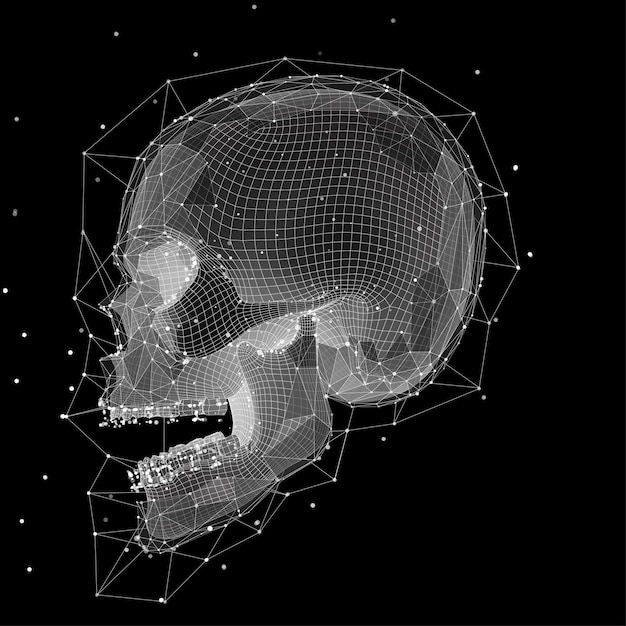 Le crâne humain vectoriel 3D de tous les segments explose. art lumineux.