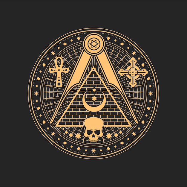 Vecteur crâne et lune sur le signe du pentagramme occulte ésotérique