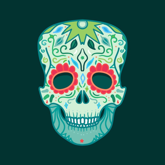 Crâne mexicain avec ornement pour impression, autocollant, emballage, affiche et voeux.
