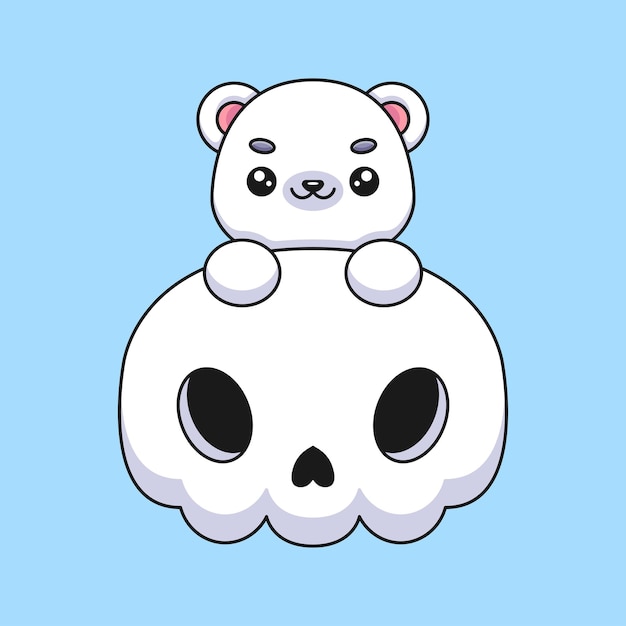 Crâne mignon ours polaire halloween dessin animé mascotte doodle art dessinés à la main concept vecteur kawaii icône illustration