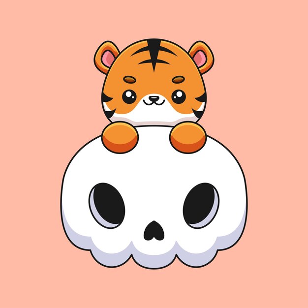 Crâne mignon tigre halloween dessin animé mascotte doodle art dessinés à la main concept vecteur kawaii icône illustration