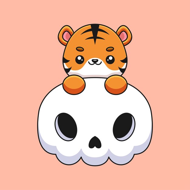 Crâne mignon tigre halloween dessin animé mascotte doodle art dessinés à la main concept vecteur kawaii icône illustration