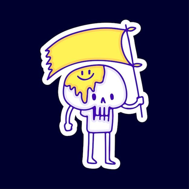 Crâne Mignon Avec Visage Emoji Fondu Tenant L'illustration Du Drapeau. Oeuvre Pour Street Wear.