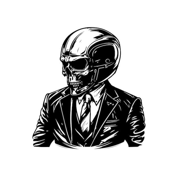 Crâne De Motard De Moto Portant Un Casque Illustration D'art Au Trait Dessiné à La Main