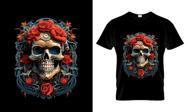 Crâne d'or vectoriel en fleurs rouges et bleues Danger TShirt noir Design Print Ready