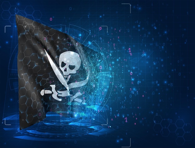 Crâne avec des os de pirate drapeau 3d sur fond bleu avec des interfaces hud