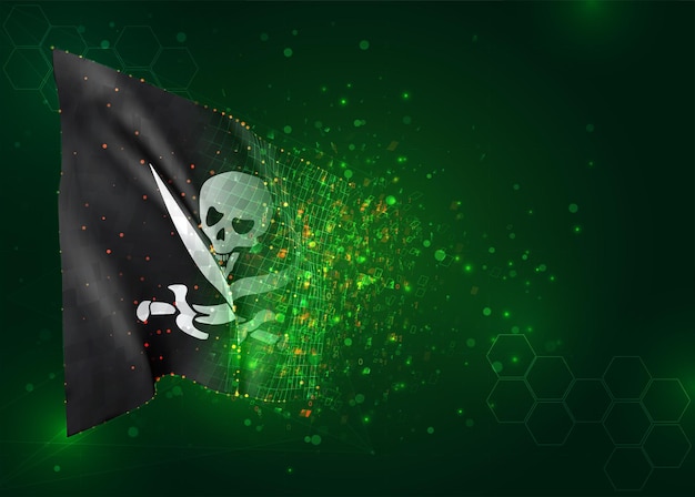 Crâne avec des os de pirates drapeau 3d sur fond vert avec des polygones