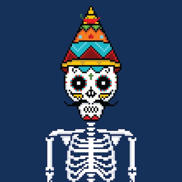 crâne osseux portant un chapeau avec pixel art