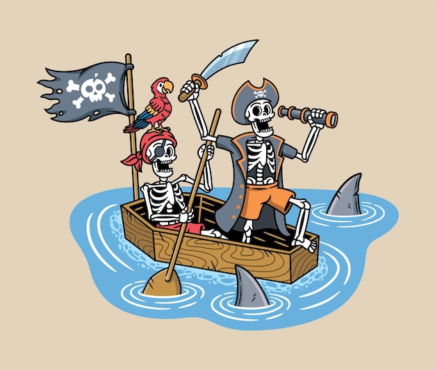 Un crâne de pirate avec un coffre dans la mer.