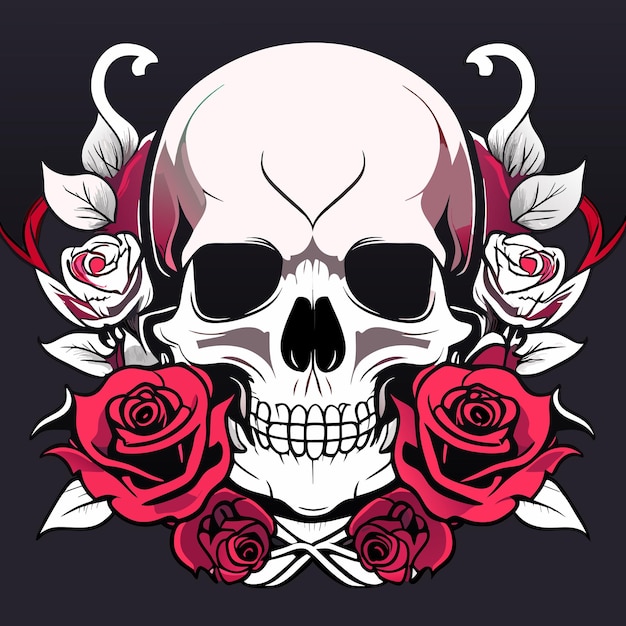 Vecteur crâne et roses tête de squelette mort et fleurs rouges tatouage gothique vintage dessiné à la main