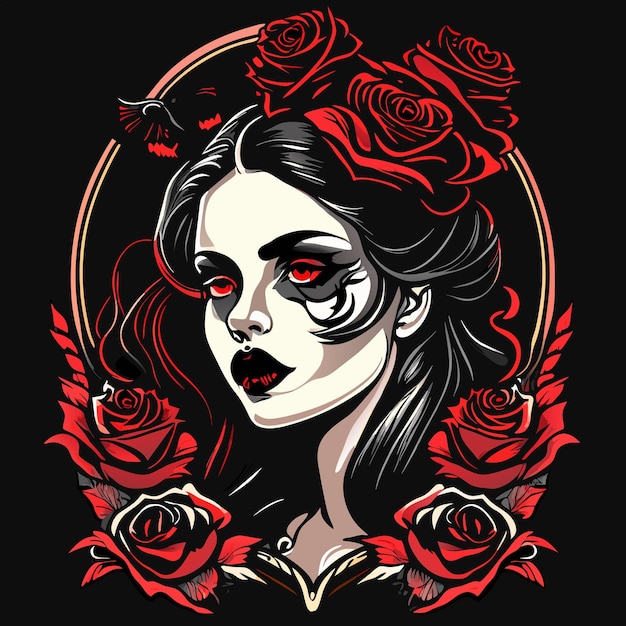 Vecteur crâne et roses tête de squelette mort et fleurs rouges tatouage gothique vintage dessiné à la main