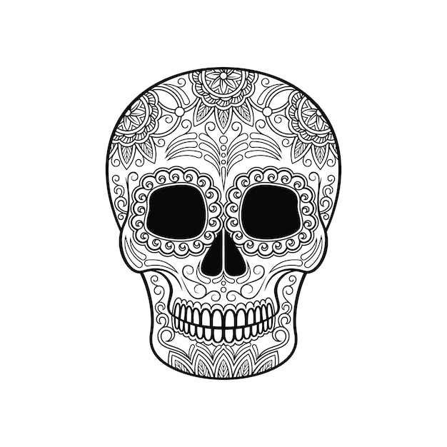 Crâne De Sucre Day Of The Dead Skull Avec Ornement Floral Vecteur Noir Et Blanc Croquis De Tatouage Illustration