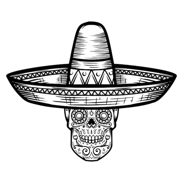 Crâne De Sucre Mexicain En Sombrero. Thème Du Jour Des Morts. élément De Design Pour Affiche, T-shirt, Emblème, Signe.