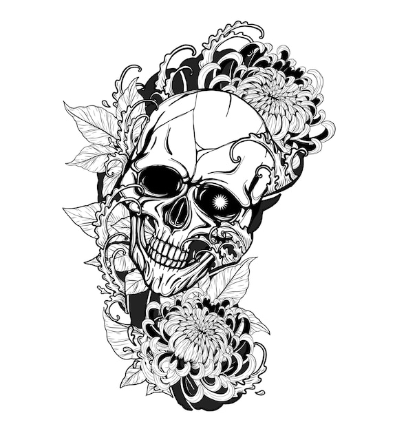 Crâne Avec Tatouage De Chrysanthème à La Main En Dessinant
