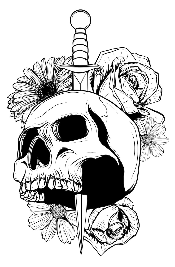 Vecteur crâne tatoué avec des roses et un couteau