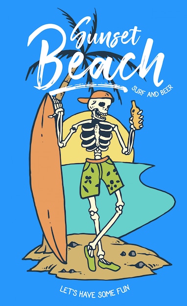 Crâne Tenant La Bière Et La Planche De Surf