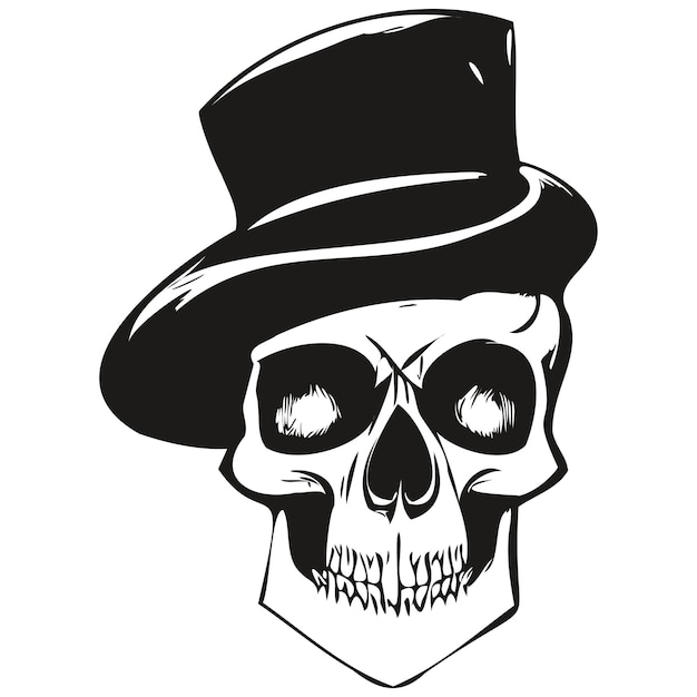 Crâne tophat vector clipart noir et blanc dessiné à la main