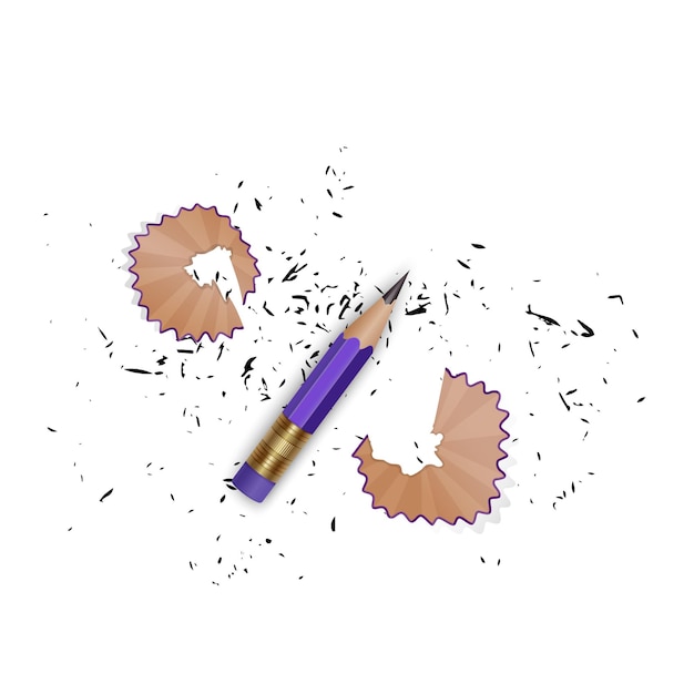 crayon aiguisé avec un caoutchouc, des copeaux de crayon et un graphite isolé
