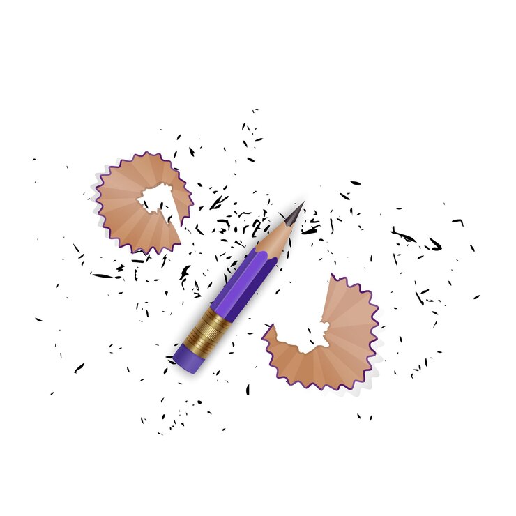 Vecteur crayon aiguisé avec un caoutchouc, des copeaux de crayon et un graphite isolé