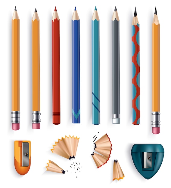 Crayon en bois aiguisé avec gomme en caoutchouc de différentes taille taille-crayons et copeaux Ensemble réaliste d'éléments isolés sur illustration vectorielle fond blanc