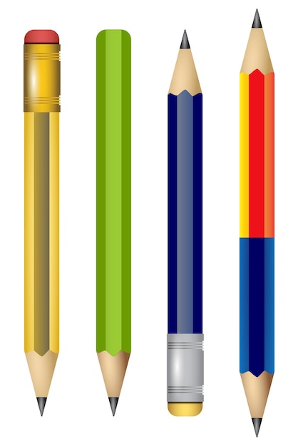 Crayons aiguisés réalistes de différents types et longueurs avec gomme ensemble de crayons d'illustrations