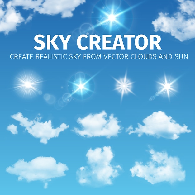 Créateur Du Ciel. Définissez Des Nuages Et Du Soleil Réalistes. Illustration Eps 10