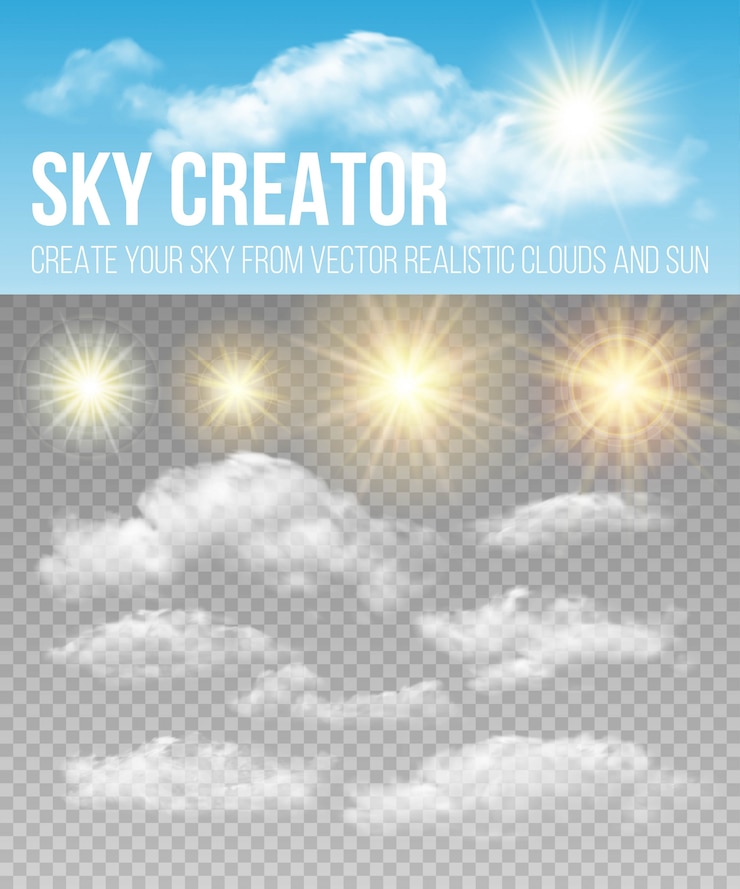Vecteur créateur du ciel. définissez des nuages et du soleil réalistes.