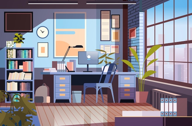 créatif vide aucun peuple appartement loft moderne intérieur de bureau à domicile espace ouvert avec des meubles pour le travail d'entreprise ou indépendant illustration vectorielle horizontale