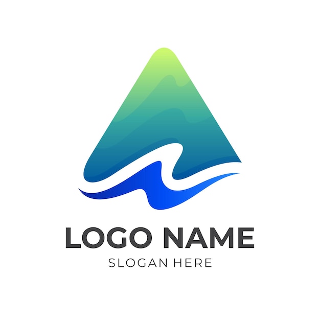 Vecteur création initiale du logo de l'eau vague a, lettre a et vague, logo combiné avec un style de couleur bleu et vert 3d