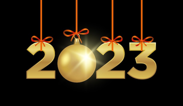 Création de logo 2023 avec boule d'or, bannière de célébration du nouvel an de luxe avec fond noir