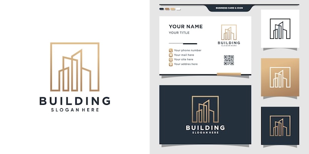 Création De Logo De Bâtiment Avec Style D'art En Ligne Et Concept Carré. Logo D'inspiration Pour La Construction Et La Conception De Cartes De Visite.