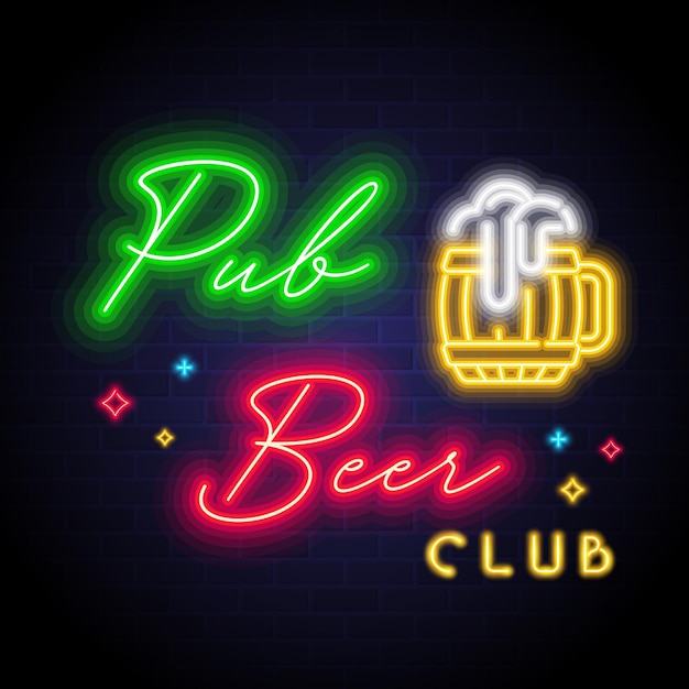 Création De Logo De Club De Bière De Pub Avec Illustration Vectorielle Lumineuse Au Néon