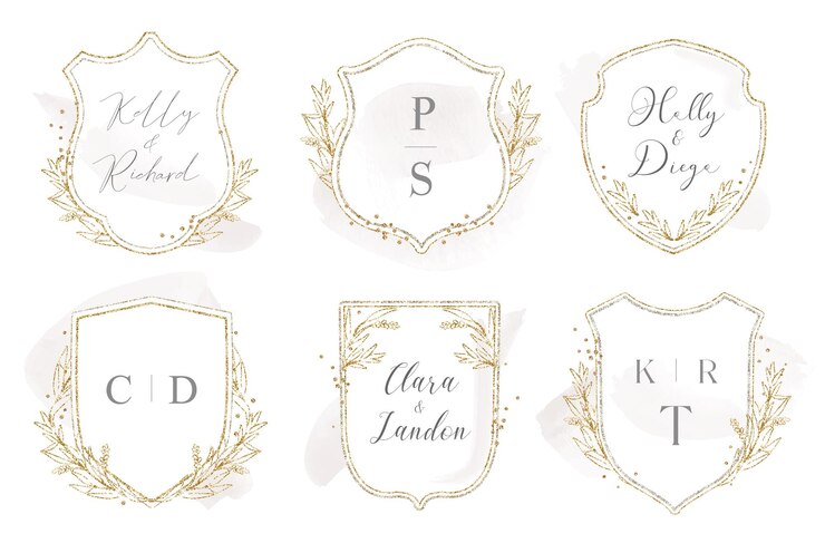 Création de logo de crête de mariage moderne avec des lauriers et des paillettes d'or