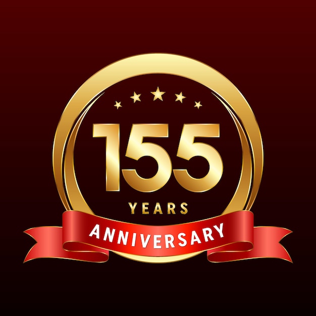 Création de logo du 155e anniversaire avec anneau doré et ruban rouge Logo Vector Template Illustration