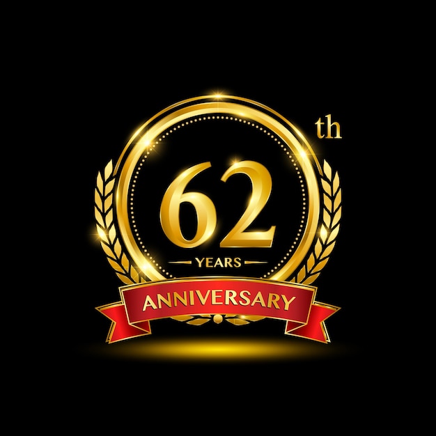 Vecteur création de logo du 62e anniversaire avec couronne de laurier doré et ruban rouge conception de vecteur de nombre d'or